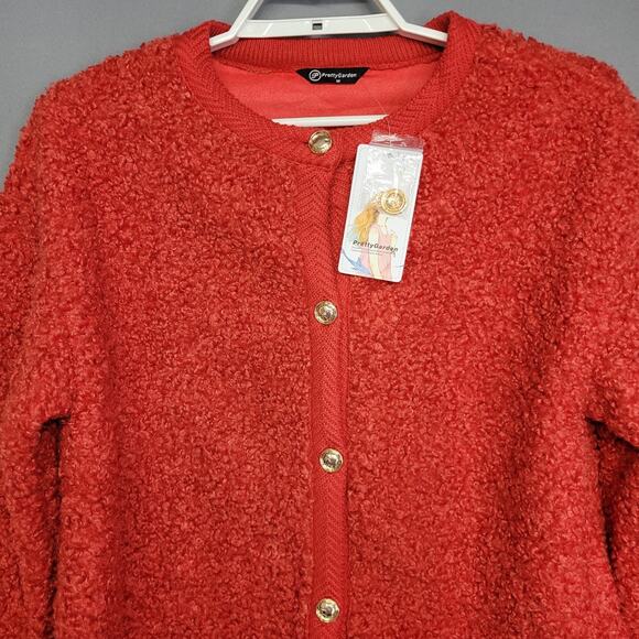 Pretty Garden Fuzzy Cardigan Womens M Red Button Front Faux Fur Shearling New - Picture 2 of 13